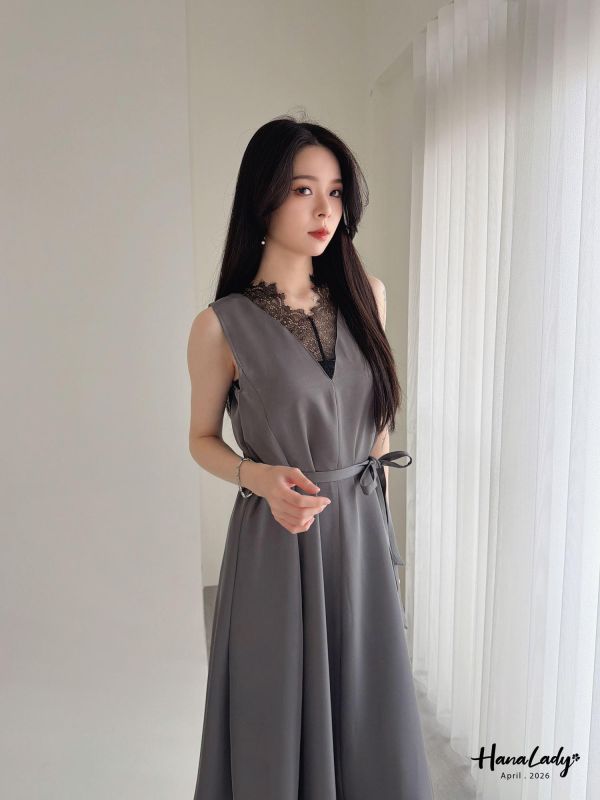 LFA26 高質感蕾絲V領背心長洋 