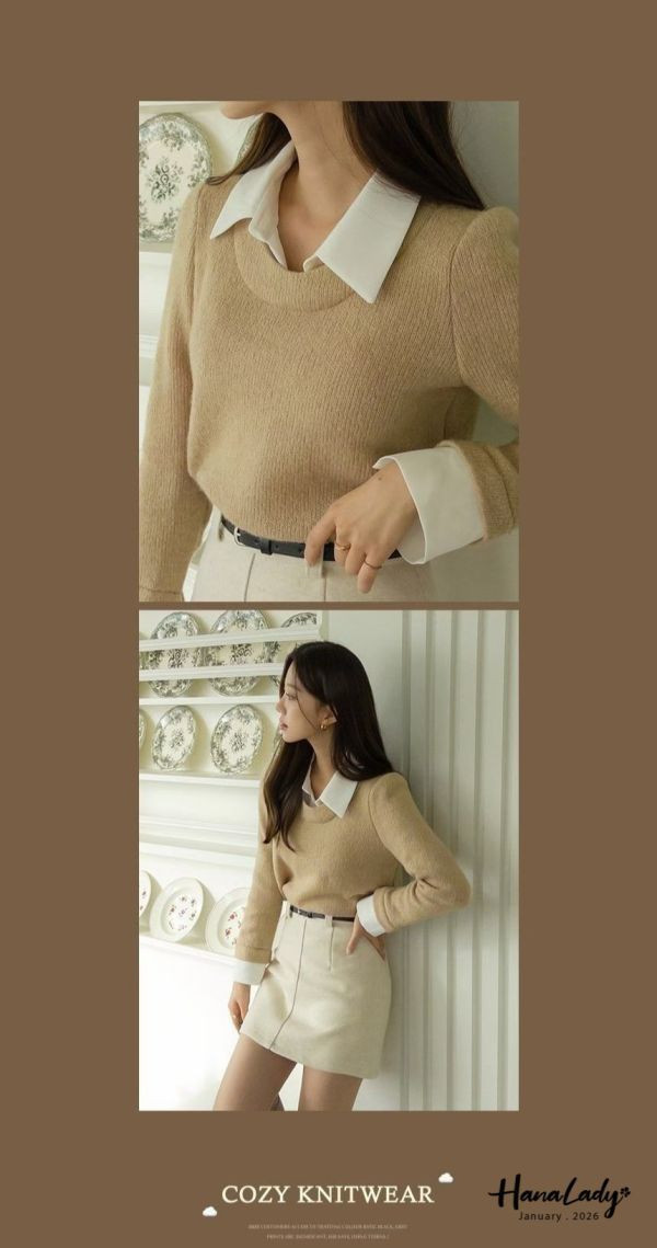 LEA29 假兩件襯衫領針織上衣 
