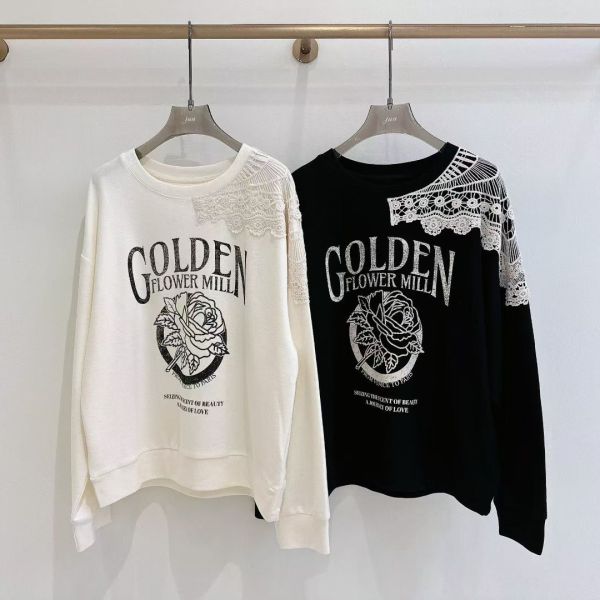 WQA23 設計感單側蕾絲肩印花T 