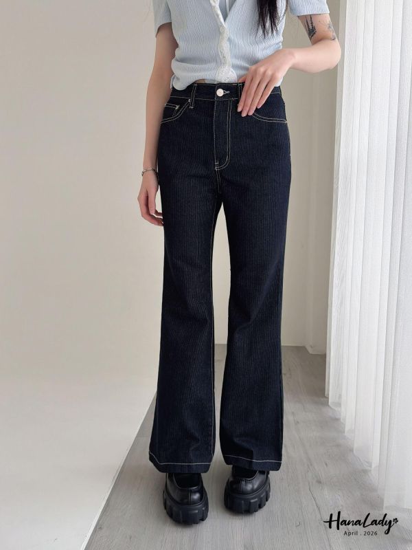 LFA42 直條紋布料丹寧喇叭褲 