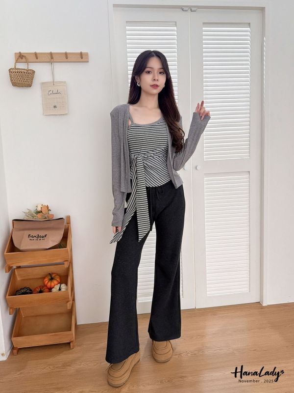 WJA50 收腰綁帶兩件式條紋上衣 