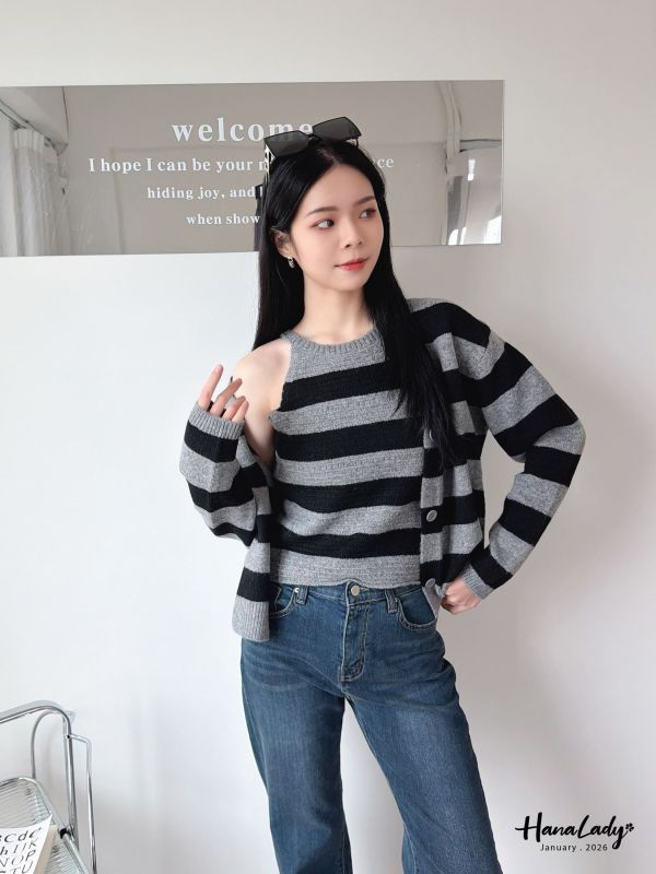 LEA13 兩件式削肩背心排釦針織上衣 