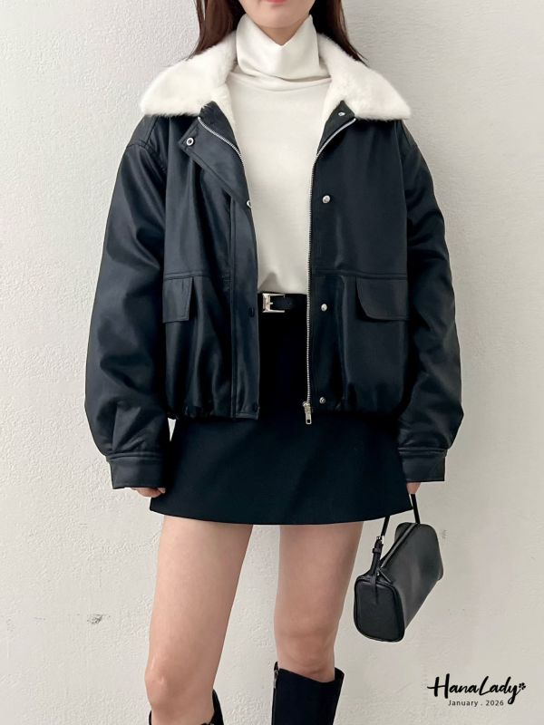 LEA65 率性毛毛領柔軟皮革外 