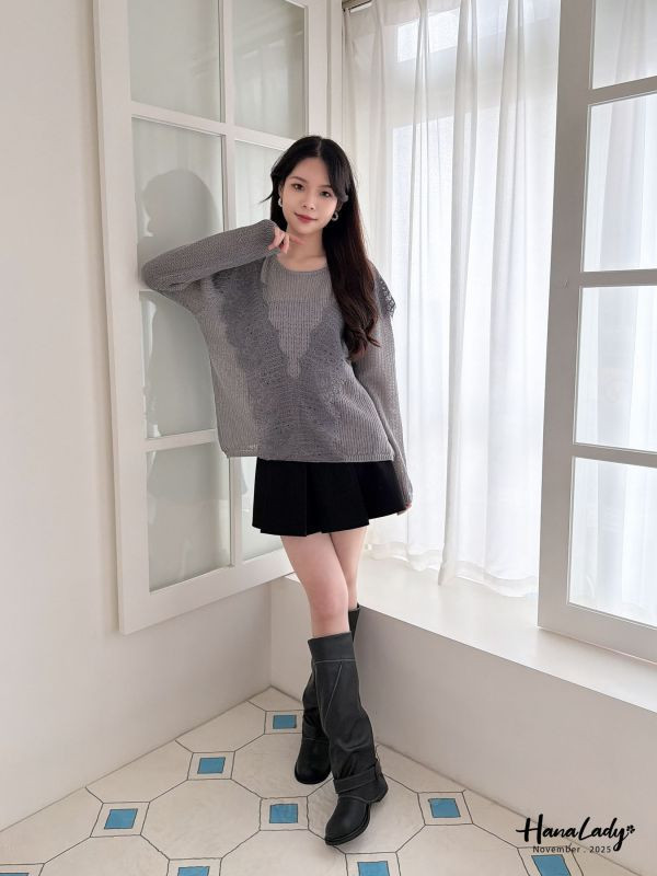 WJA27 微透蕾絲領針織上衣 