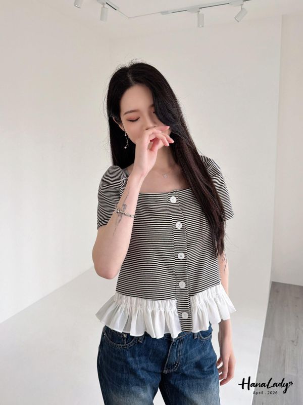 LFA31 條紋裙擺設計方領上衣 