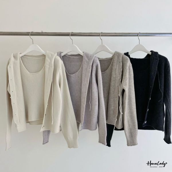 WJA05 兩件式抽繩木紋釦針織衫 