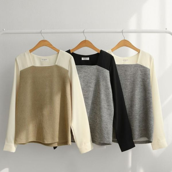 WQA96 俐落小方領針織拼接雪紡衫 