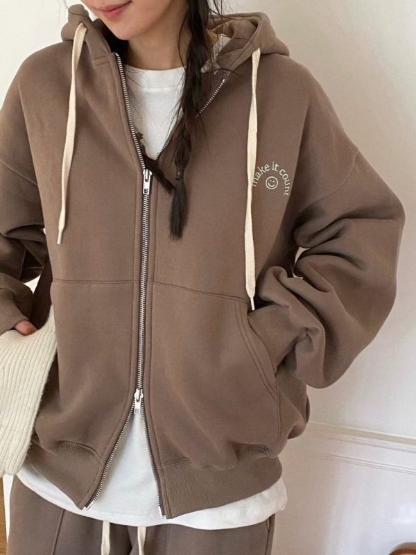 WQA03 微笑刺繡內刷毛連帽拉鍊外 