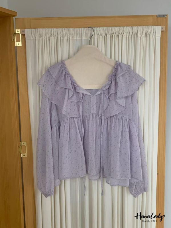 LSA11 浪漫綁帶荷葉碎花上衣 