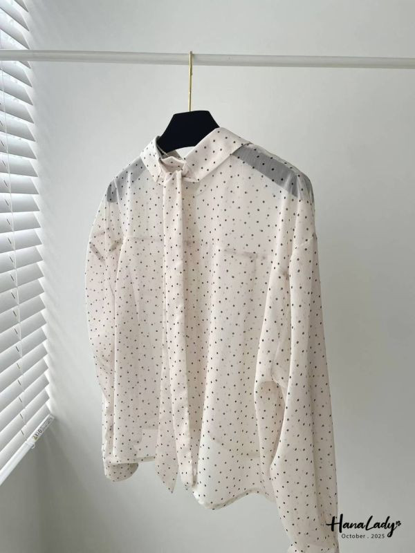 WTA75 後綁帶點點紗雪紡衫 