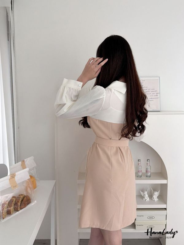 WJA46 知性拼色收腰雪紡短洋 