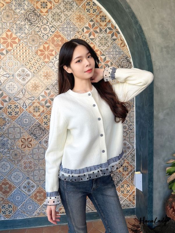WJB48 格紋點點紗拼接針織上衣 
