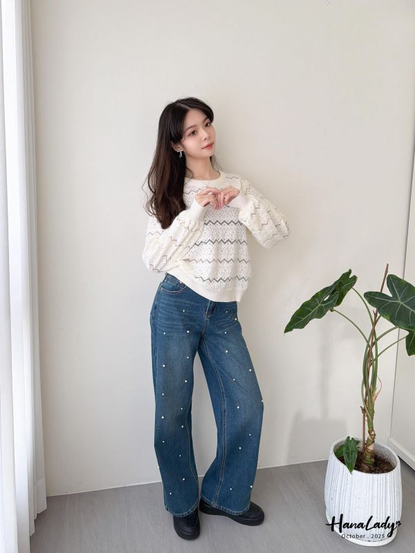 WTA26 超彈性必收珍珠丹寧直筒褲 