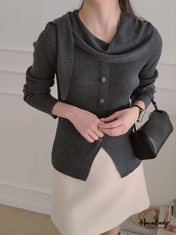 LEA63 斗篷綁結領針織上衣 