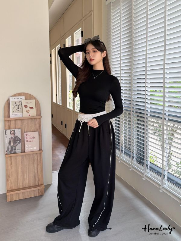 WTA74 線條拼色休閒長褲 