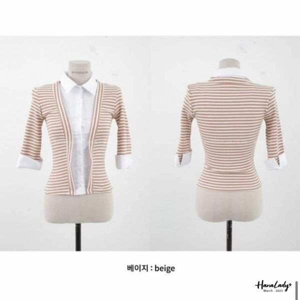 WSB14 假兩件條紋拼接襯衫 