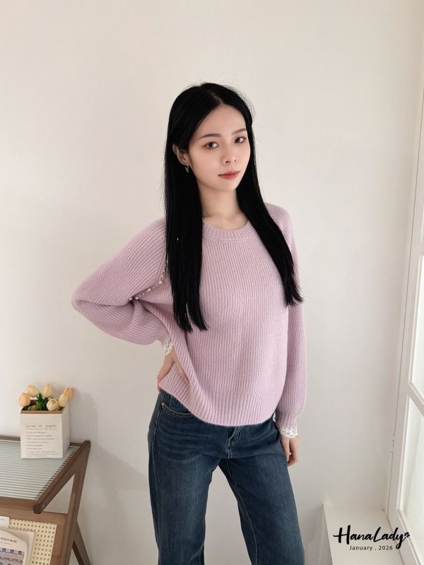 LEA10 銀蔥細閃釘珠蕾絲袖上衣 