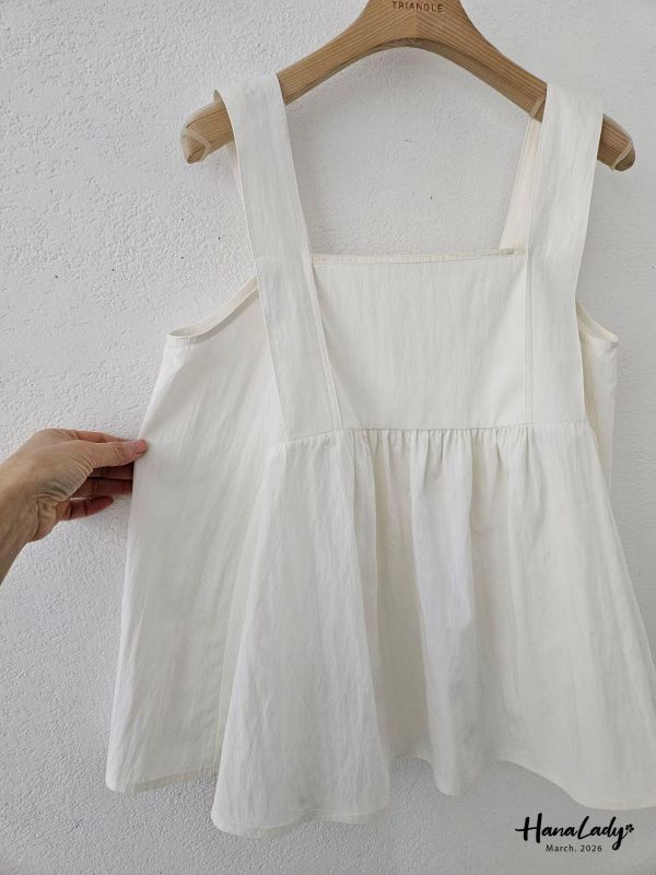 LSA15 方領釦帶肩設計裙襬上衣 