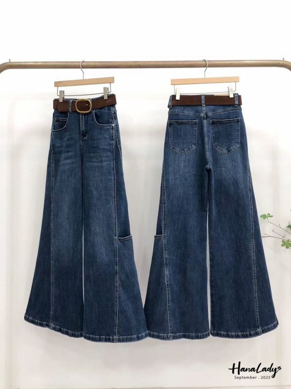 WKA59 復古麂皮腰帶喇叭丹寧褲 