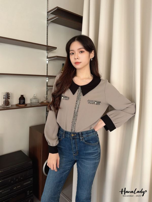 WQA45 毛呢線條小香風雪紡衫 