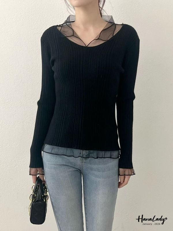 LEA66 網紗領針織上衣 