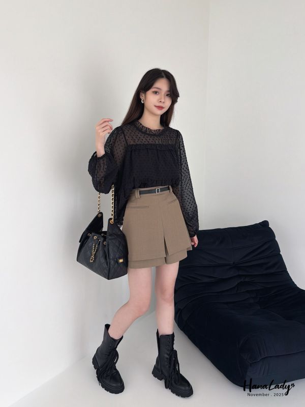 WJA39 日系透袖領層次波點上衣 