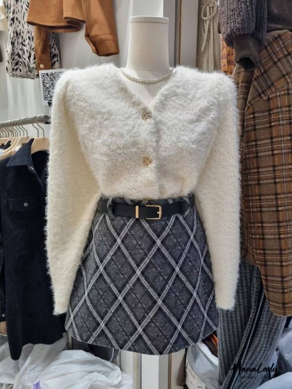 WEA87 附腰帶秋冬後鬆緊格紋短裙 