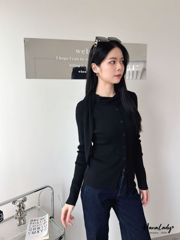 LEA63 斗篷綁結領針織上衣 