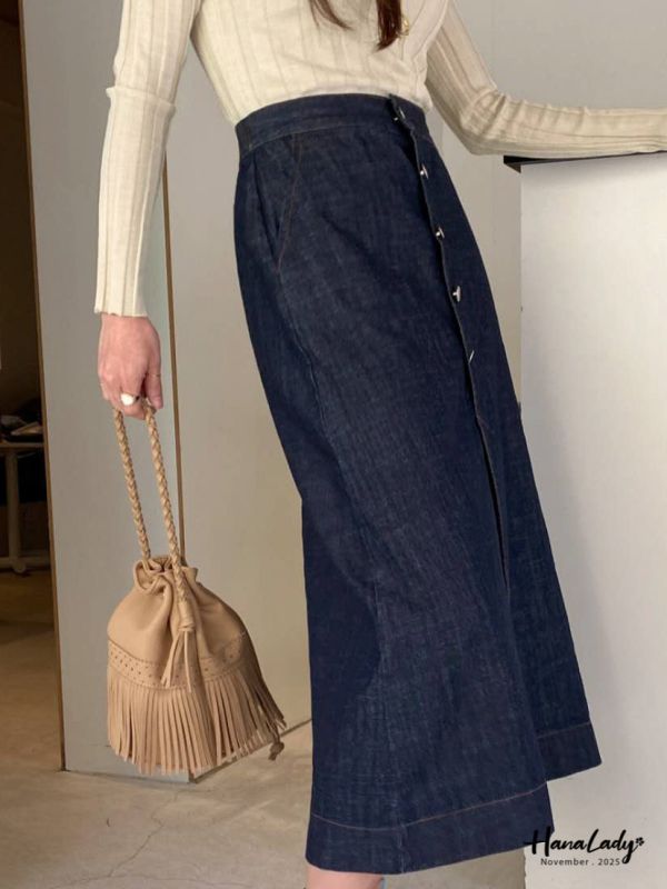 WJA75 前開衩排釦直筒丹寧裙 