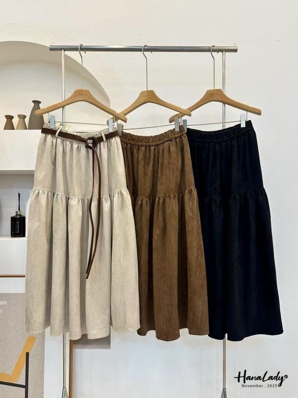 WJA81 浪漫附腰帶麂皮長裙 