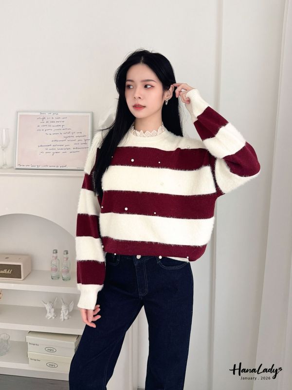 LEA33 蕾絲領釘珠條紋親膚上衣 