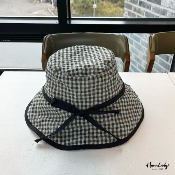 LSA66 夏日格紋綁帶魚夫帽 