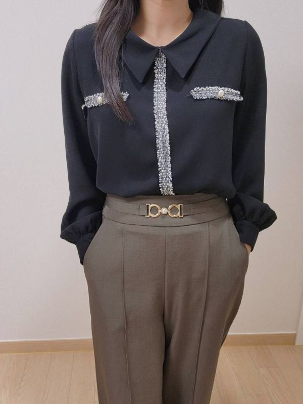 WQA45 毛呢線條小香風雪紡衫 