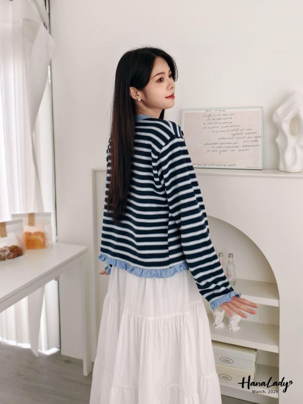 LSA09 質感花瓣邊條紋排釦上衣 