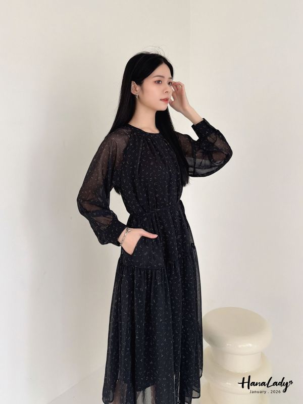 LEA90 復古透袖設計排釦長洋 