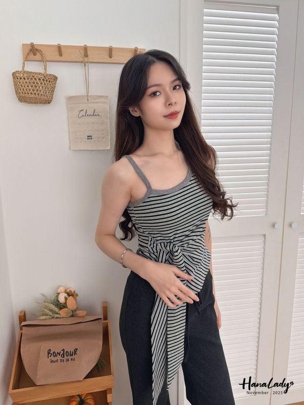 WJA50 收腰綁帶兩件式條紋上衣 