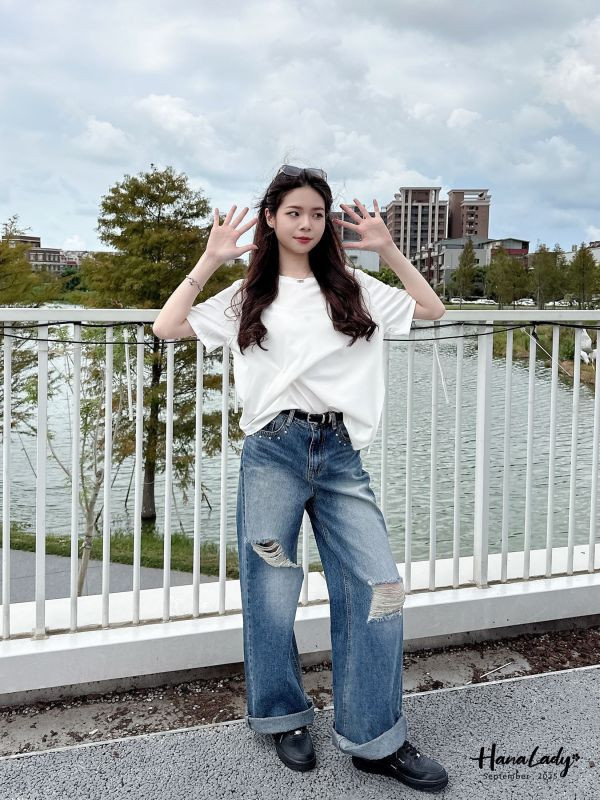 WKA70 超高回頭率刷破鉚釘寬褲 