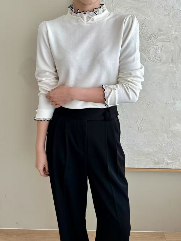 WQA60 接紗滾邊珍珠純色上衣 