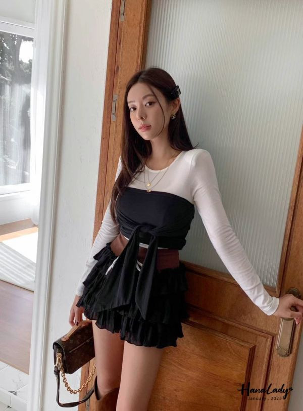 WEA81 舒服混棉綁帶假兩件上衣 