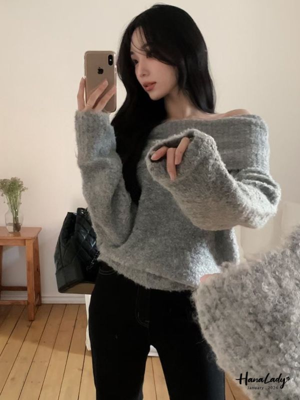 LEB16 浪漫一字領嫩Q針織上衣 