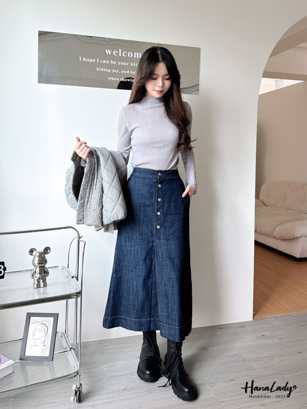 WJA75 前開衩排釦直筒丹寧裙 