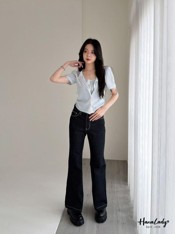 LFA42 直條紋布料丹寧喇叭褲 