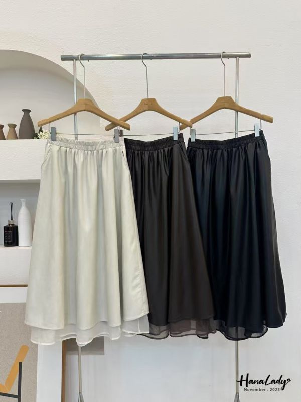 WJA82 層次接紗鬆緊腰皮裙 