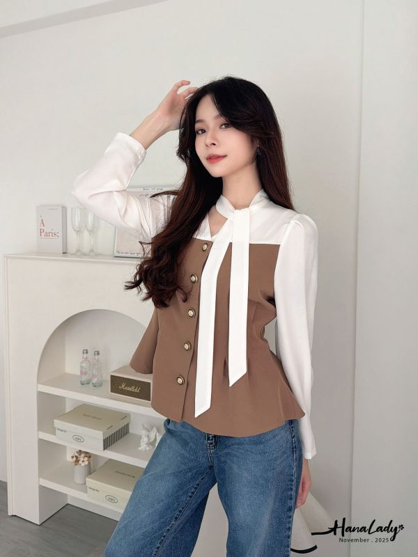 WJA45 優雅V領收腰金扣雪紡 