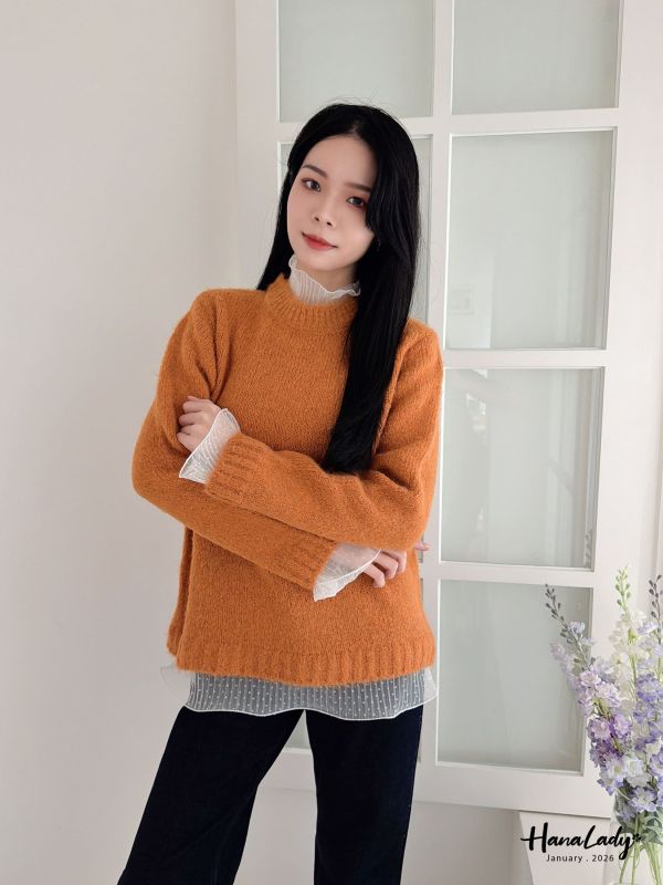 LEA45 拼接點點紗領針織上衣 