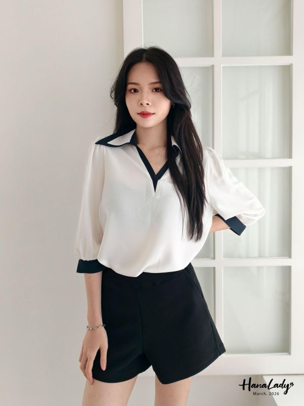 LSA22 層次V領配色雪紡衫 