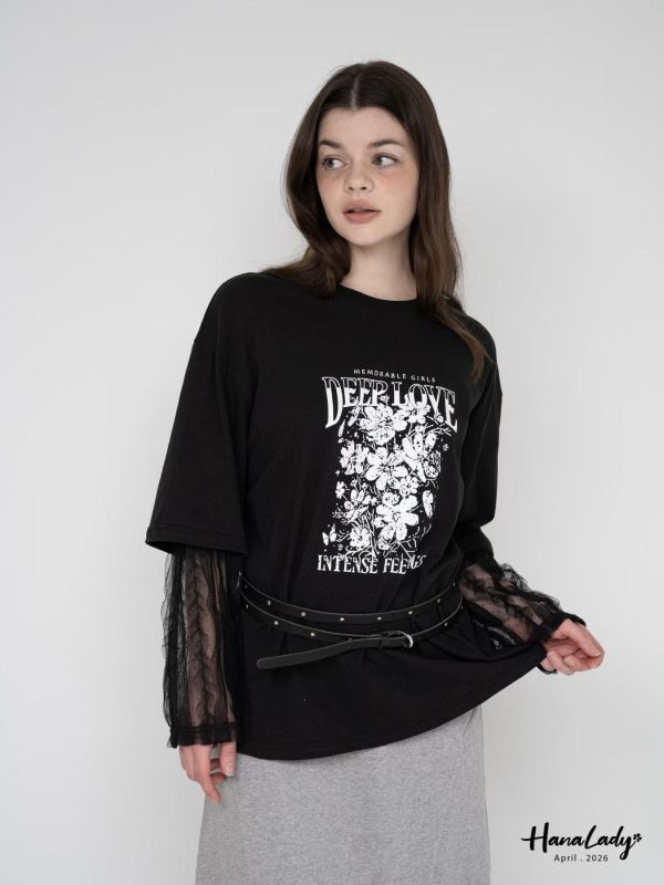 LFA95 假兩件蕾絲袖設計長版T 