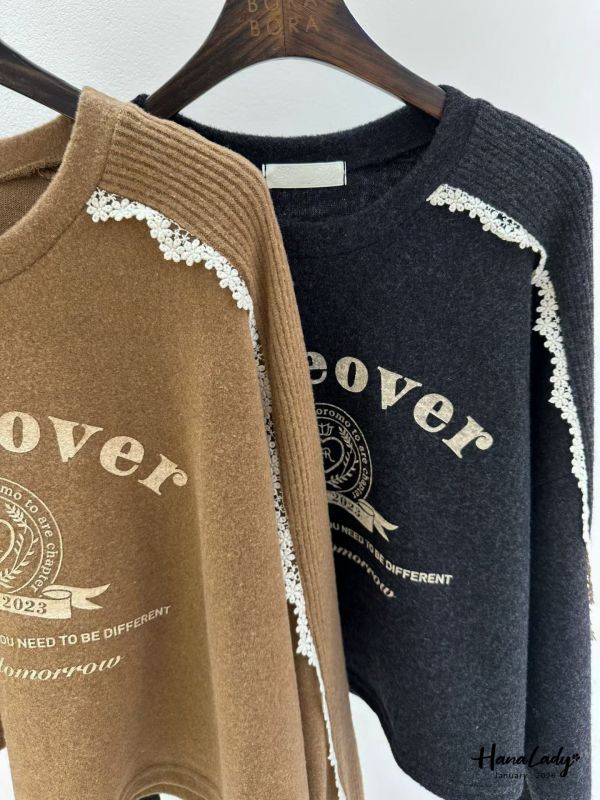 LEA41 坑條蕾絲袖印花棉絨T 