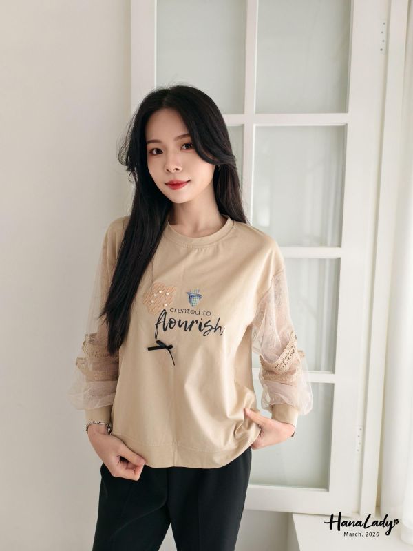 LSA08 知性小花拼接蕾絲袖上衣 