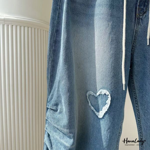 WKA83 抽繩愛心毛鬚抽繩丹寧褲 